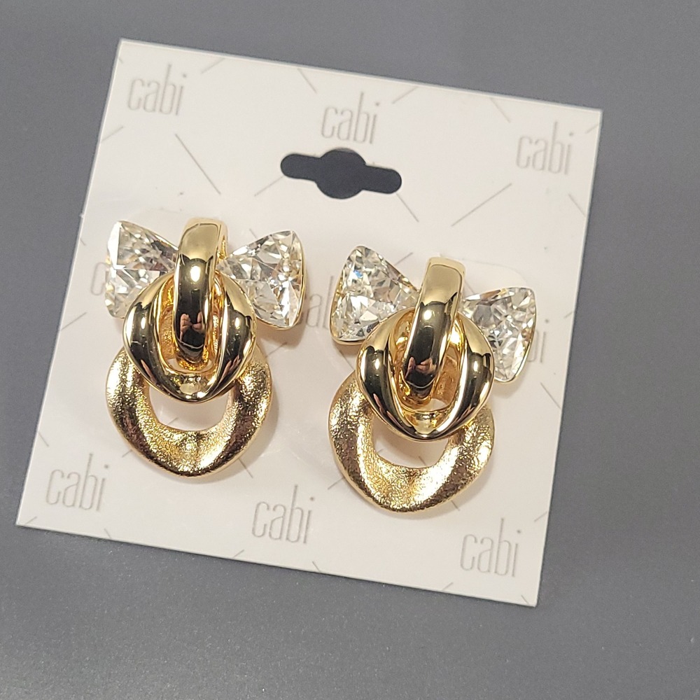 Cabi Doorknocker Earrings Women Gold Tone Crystal Bow Swing Statement Jewelry